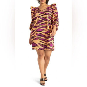 Eloquii Orange and Purple Sheath Dress with Puff Sleeves